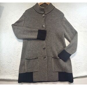 Gio & Gio Dark Academia Wool Blend Longline Cardigan Sweater L Italian Black Tan